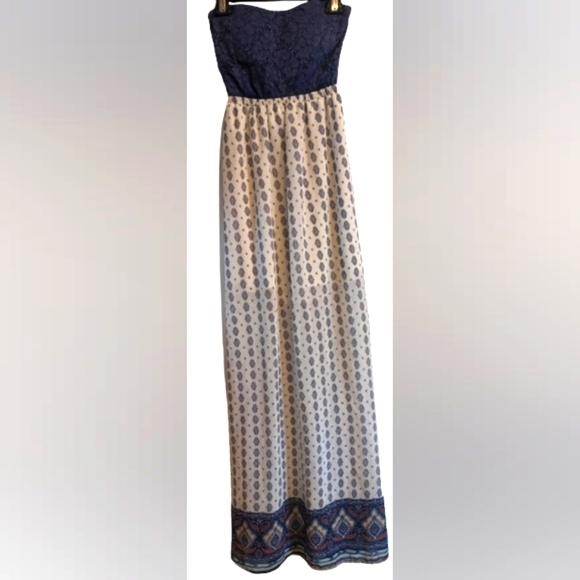 EUC iris embroidered navy bust cut out upper back boho strapless flowy maxi - Picture 3 of 8